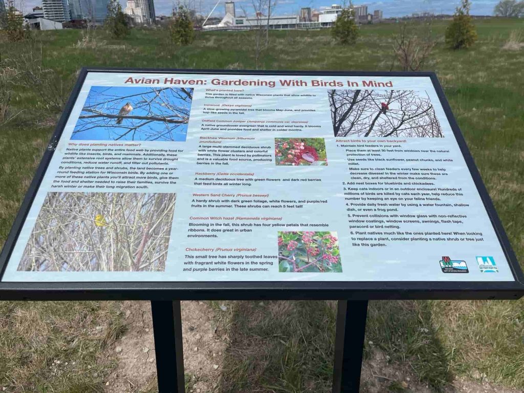 A new interpretive sign highlighting the importance of creating year-round habitat for birds and other native wildlife.